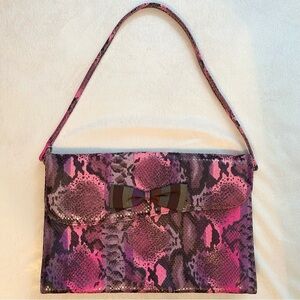 Vintage Pourchet Paris Pink Faux Snakeskin Large Clutch Purse Stripe Bow RARE